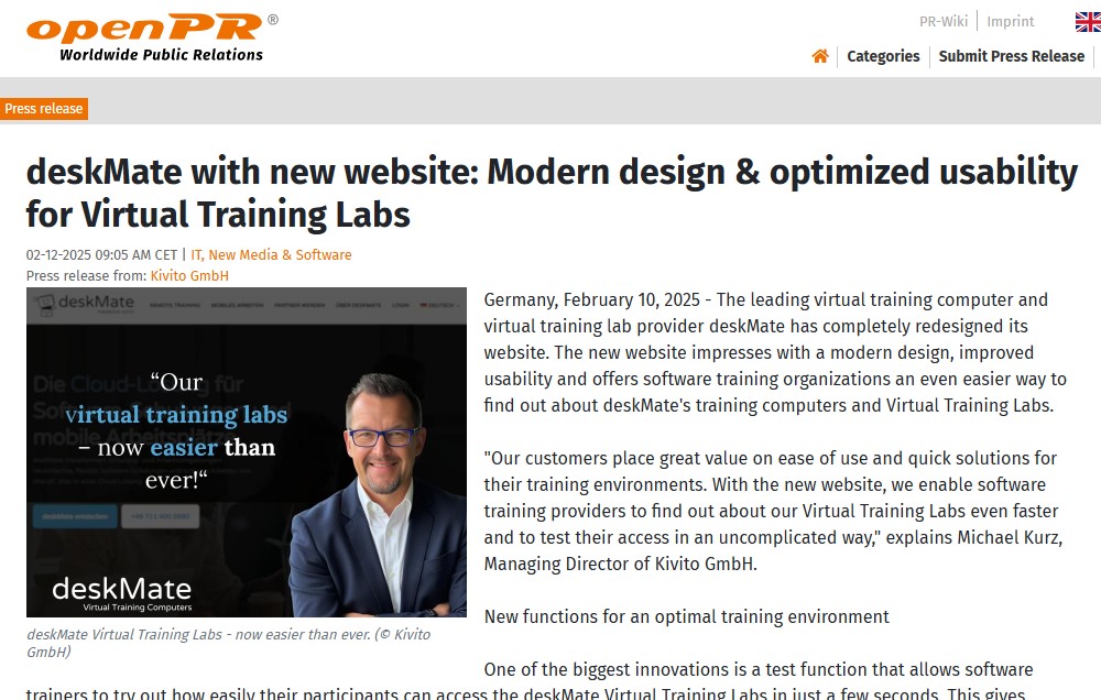 deskMate with new website: Modern design & optimized user-friendliness for Virtual Training Labs